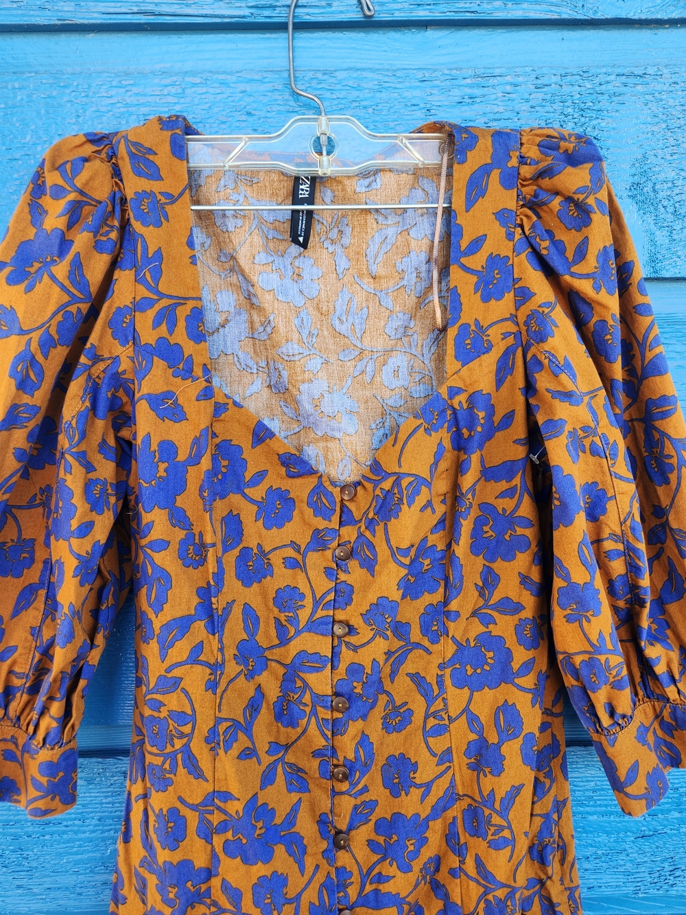 Zara Mustard Midi Dress with Blue Floral Print - Picture 4 of 11